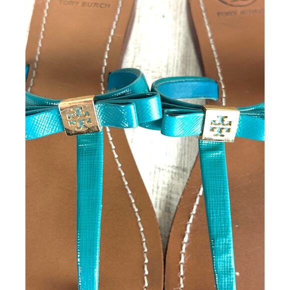Tory Burch Womens 10 Blue Gold Leighanne Bow Slip-On Logo Thong Sandals - Picture 7 of 11
